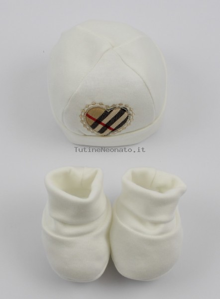 cappello e scarpine caldo cotone cuore scozzese  Bianco panna Taglia unica