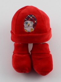 Immagine cappello e scarpine ciniglia gufetto rosso