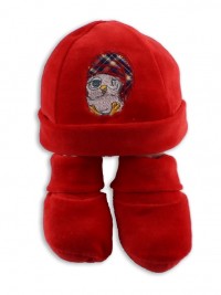 cappello e scarpine ciniglia gufetto rosso 