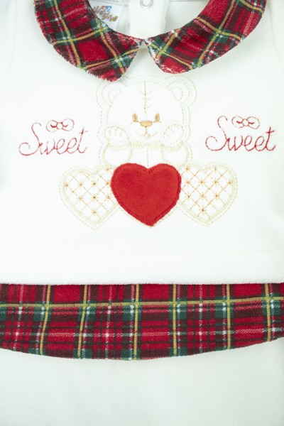 tutina neonato in ciniglia morbida con dettagli rosso tartan 2