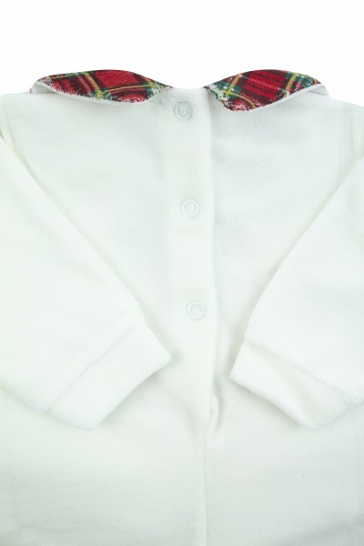 tutina neonato in ciniglia morbida con dettagli rosso tartan 3