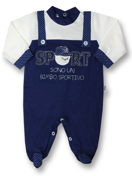 Tutina neonato sono un bimbo sportivo, 100% cotone, con salopette con bottoncini Blu Taglia 3-6 mesi