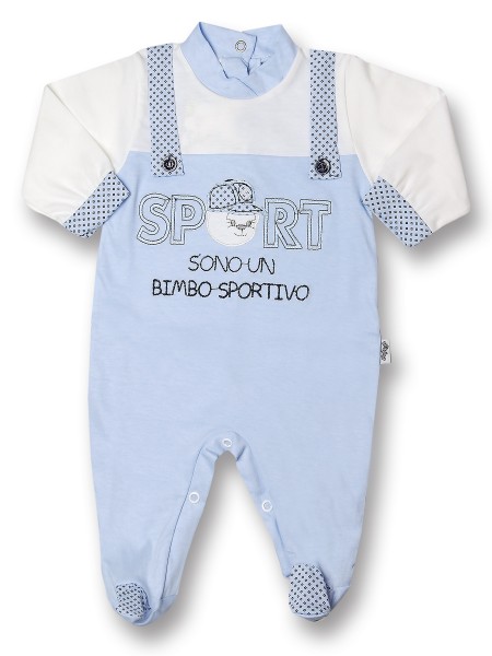 Tutina neonato sono un bimbo sportivo, 100% cotone, con salopette con bottoncini Celeste Taglia 3-6 mesi