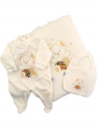 Coordinato neonato tutina copertina bavaglino ciniglia e cotone.