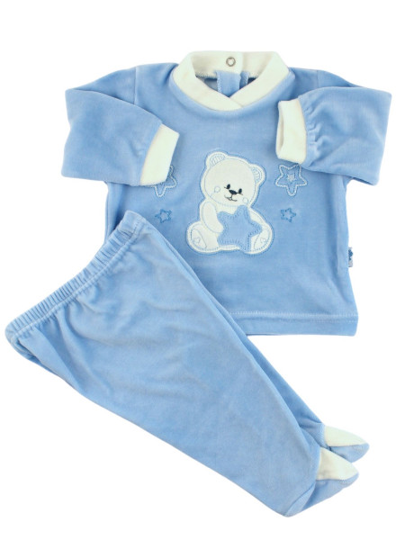 Completino Neonato in ciniglia. Completino Bear with stars Celeste Taglia 6-9 mesi