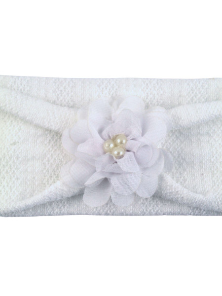 fascetta neonata in cotone bianco. fascetta fiore con perle 2