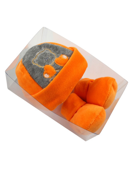 cappellino neonato, scarpine neonato arancione e tortora in ciniglia 3