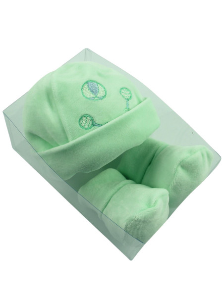 Cappellino e scarpine neonato, in ciniglia. Palla e sonagli 3
