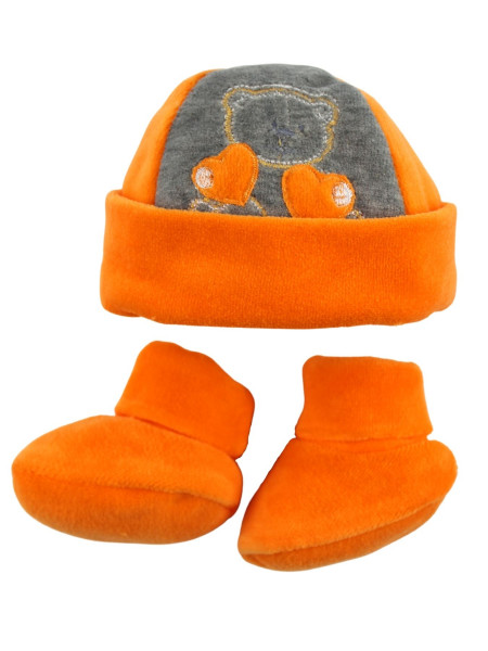 cappellino neonato, scarpine neonato arancione e tortora in ciniglia Arancio Taglia unica