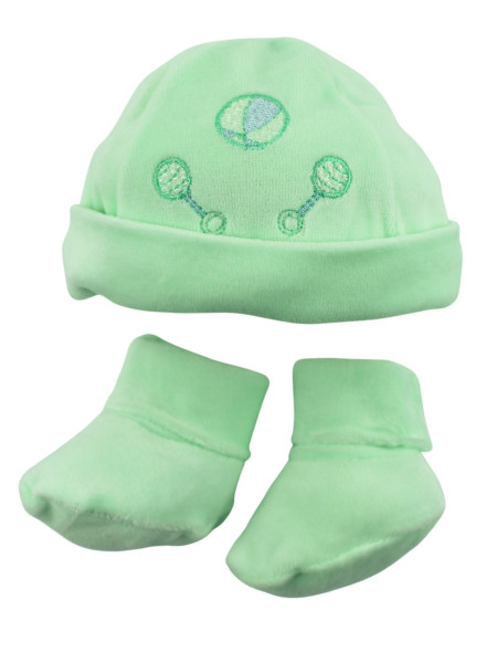 Cappellino e scarpine neonato, in ciniglia. Palla e sonagli Verde Taglia unica