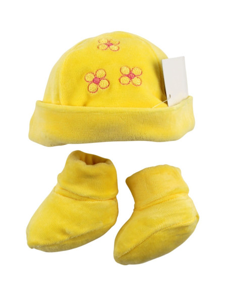 cappellino e scarpine neonata, in ciniglia. tre fiorellini Giallo Taglia unica