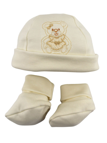 Cappellino e Scarpine Neonata, bianco panna caldo cotone.