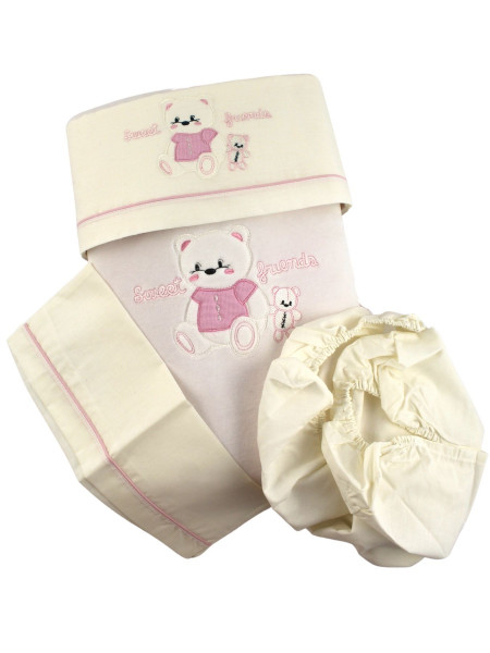 set copertina lenzuolo 4pz, cotone e ciniglia. Coordinato dolci amici Rosa Taglia unica